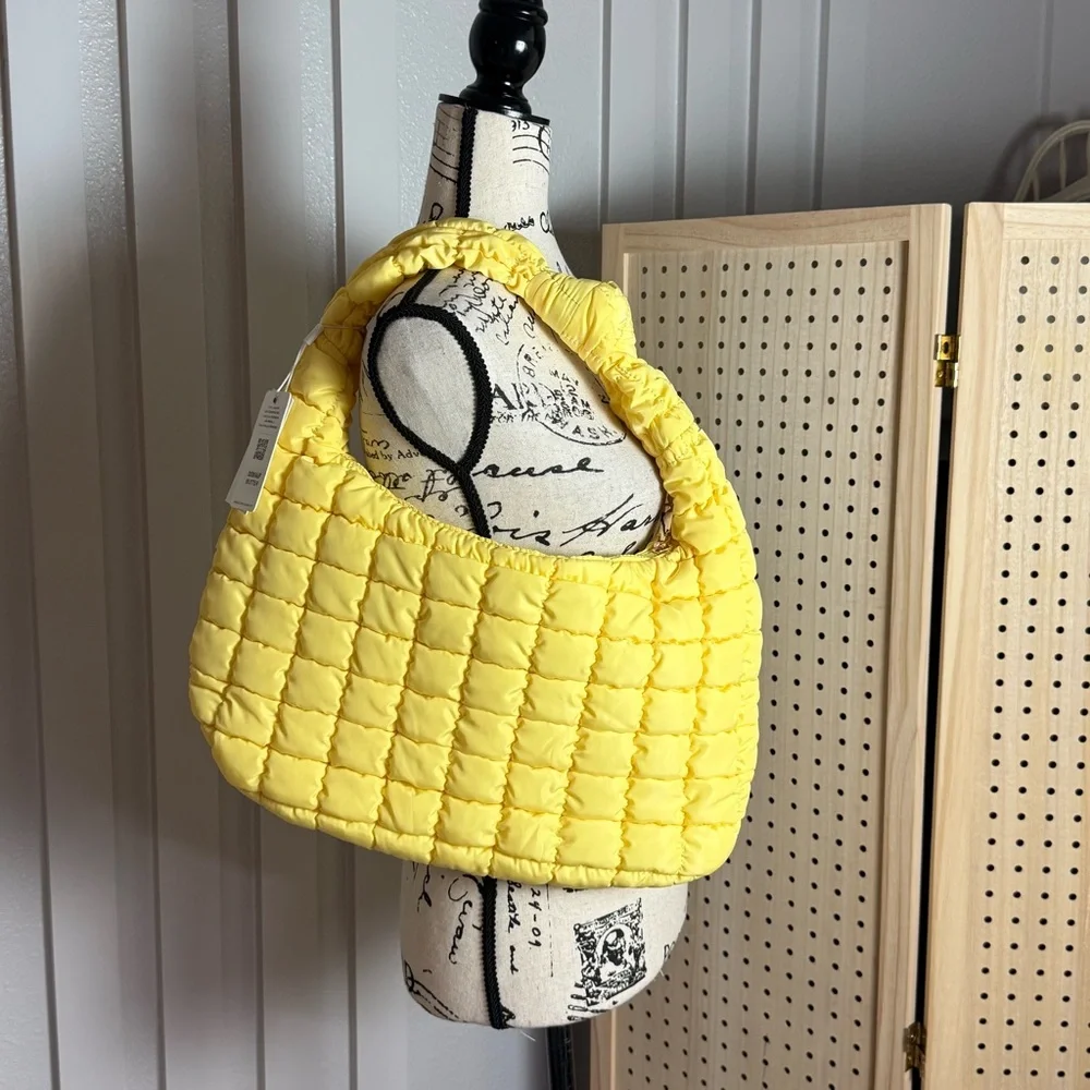Urban Expressions Butter Yellow Puffer‎ Shoulder Bag Quilted Tote Vegan Trendy